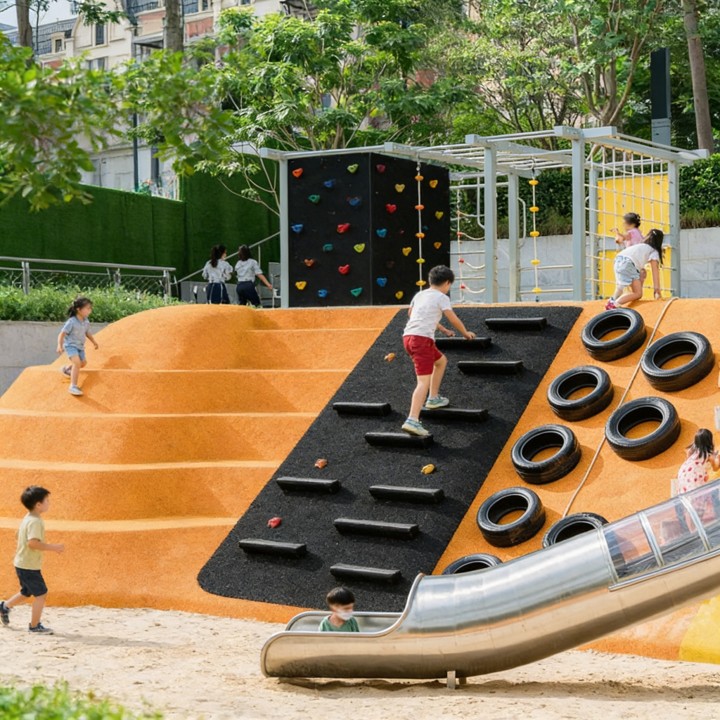 Adventure-led play park surrounded by green landscape.